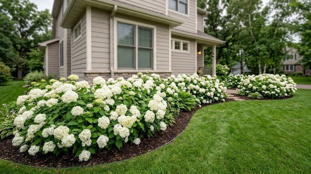 Mass planting of white Annabelle hydrangeas in full July bloom along the foundation of a Minnesota suburban home