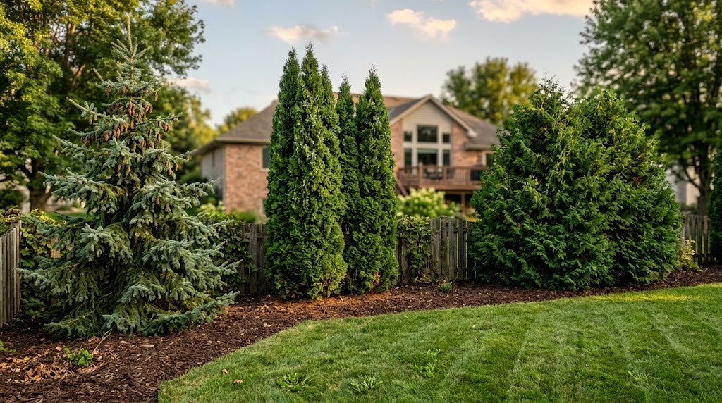 Mixed evergreen privacy screen of columnar juniper, arborvitae and spruce along a Minnesota back yard property line