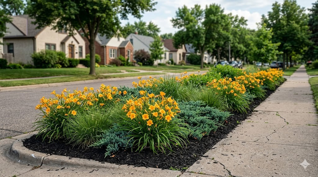 Minnesota boulevard strip between sidewalk and street planted with salt-tolerant daylilies, junipers, and ornamental grasses