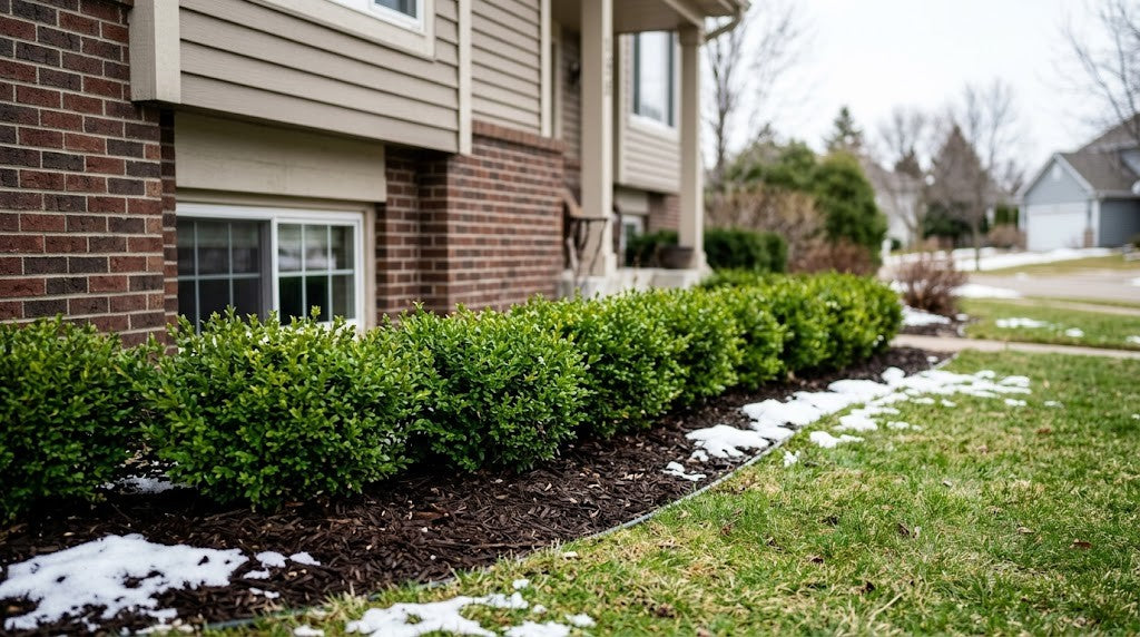 Low clipped green boxwood hedge along a Minnesota home foundation in early spring with light snow at the bed edges