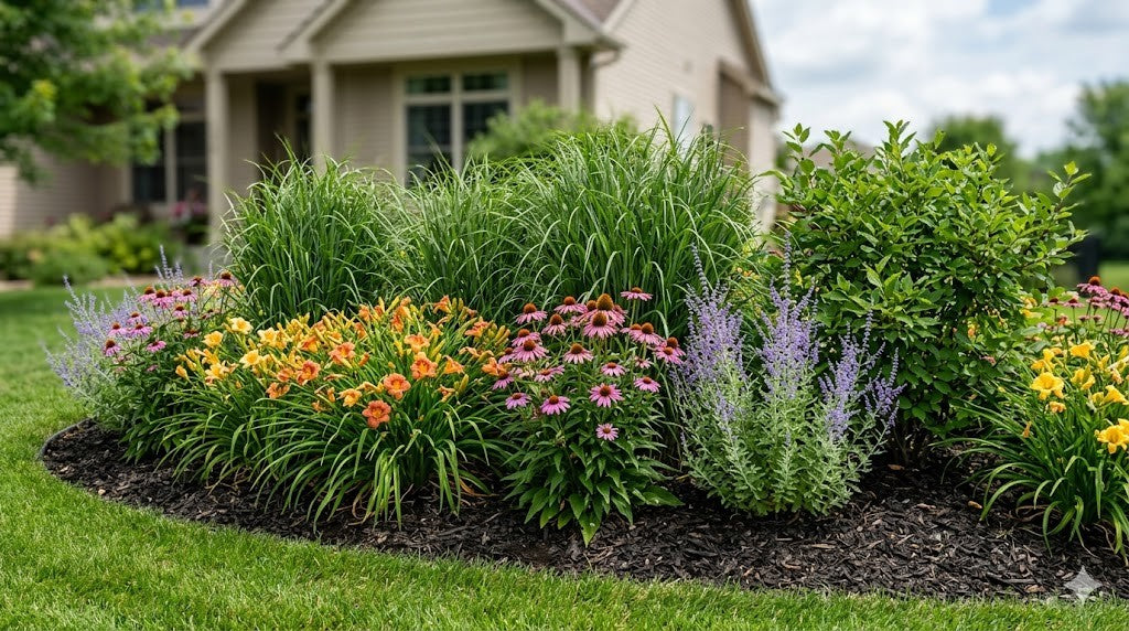 Thriving Twin Cities perennial and shrub bed with switchgrass, daylilies and coneflowers growing in heavy clay soil