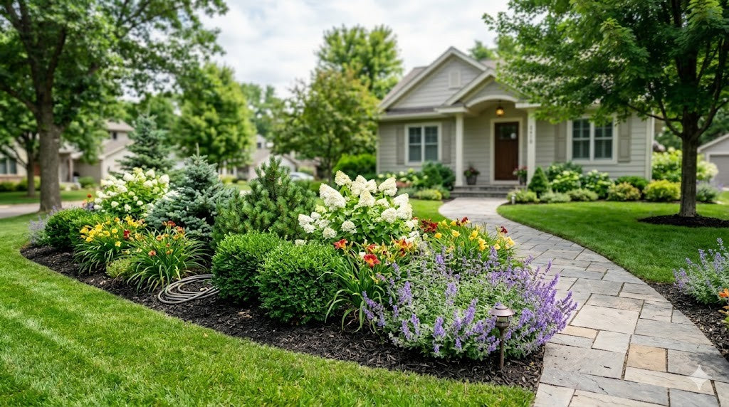 Tidy Minnesota suburban front-yard foundation planting with hydrangeas, evergreens, and perennials along an entry walkway