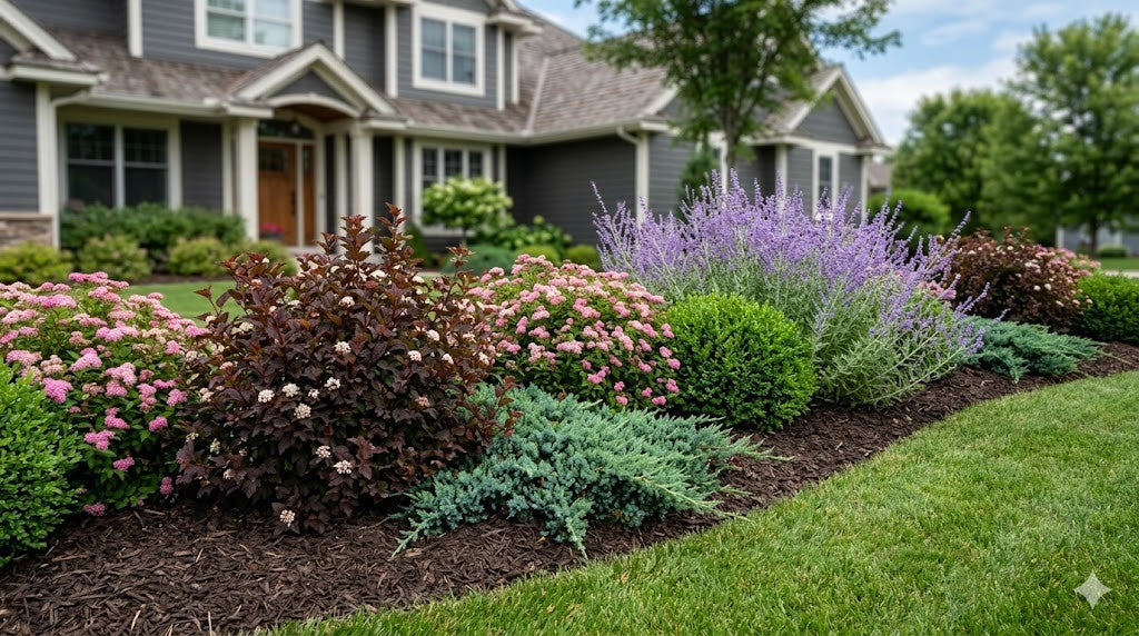 Mixed deer-resistant shrub border with ninebark, spirea, juniper, boxwood and Russian sage along a Minnesota front yard in summer