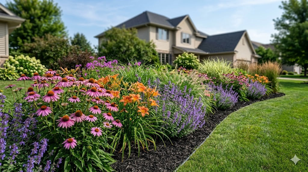 A full sunny Minnesota perennial border in mid-summer with coneflowers, daylilies, catmint and ornamental grasses blooming in drifts along a home
