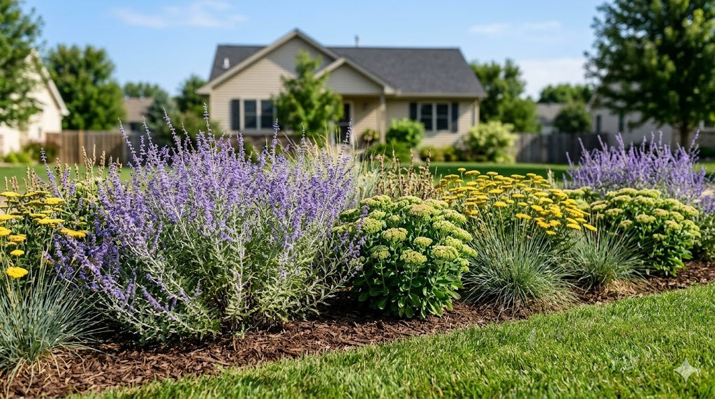 Sunny drought-tolerant Minnesota garden bed with Russian sage, sedum, yarrow, and ornamental grasses
