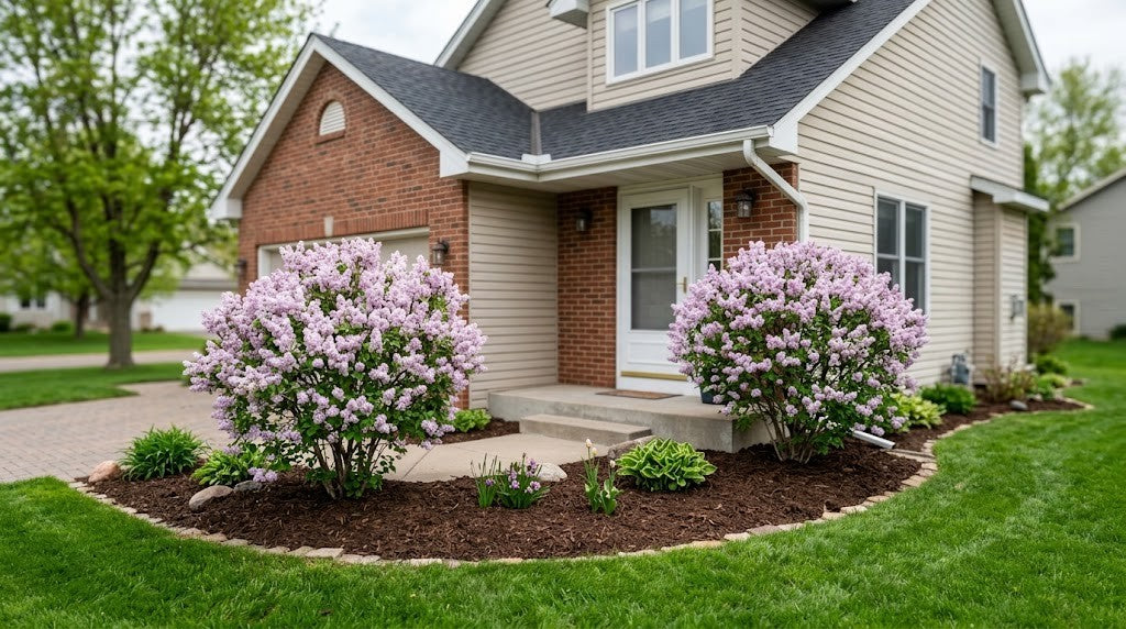 A pair of Dwarf Korean Lilac shrubs in full pale lilac bloom flanking the front entry of a Minnesota suburban home in May