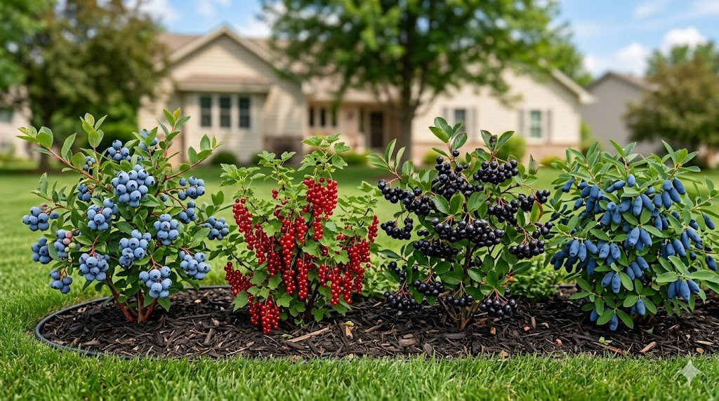 Minnesota edible landscape bed with blueberry, currant, aronia, and honeyberry shrubs loaded with ripe fruit