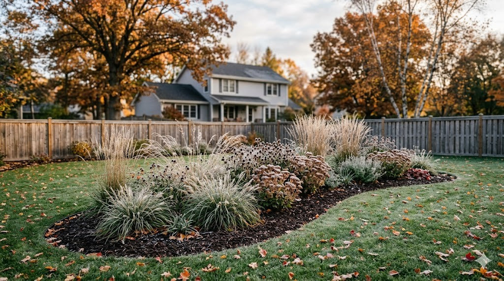 Minneapolis suburban backyard in late October with frosted perennial beds and ornamental grasses