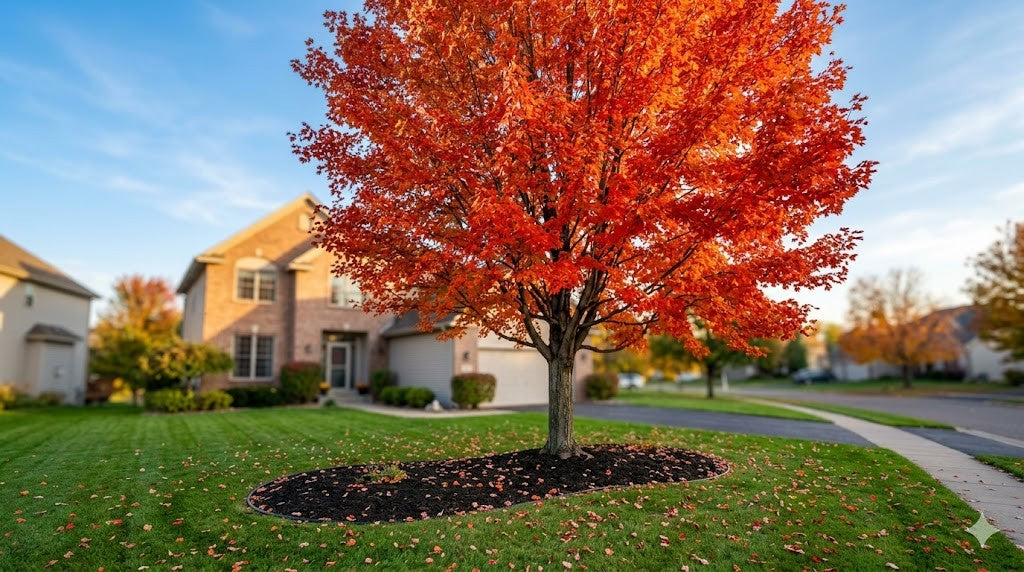 Brilliant red-orange maple at peak fall color over a green lawn in a Twin Cities front yard