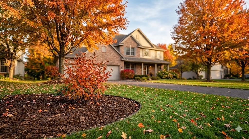Minnesota suburban front yard in autumn with maples in brilliant fall color and a freshly planted, mulched shrub bed