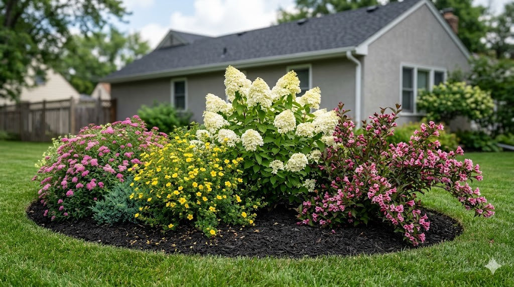 Minnesota summer shrub border in full bloom with panicle hydrangea, pink spirea, yellow potentilla, and weigela in a mulched bed beside a green lawn