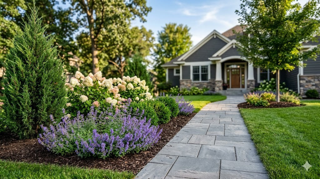 Twin Cities front entry with a paver walkway flanked by layered foundation beds of boxwood, panicle hydrangeas, catmint, and an anchor evergreen