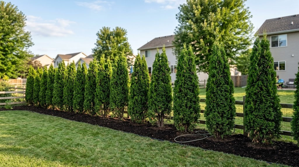 A maturing columnar evergreen privacy screen roughly eight feet tall along a Minnesota suburban back property line in late summer, with small gaps still visible near the base