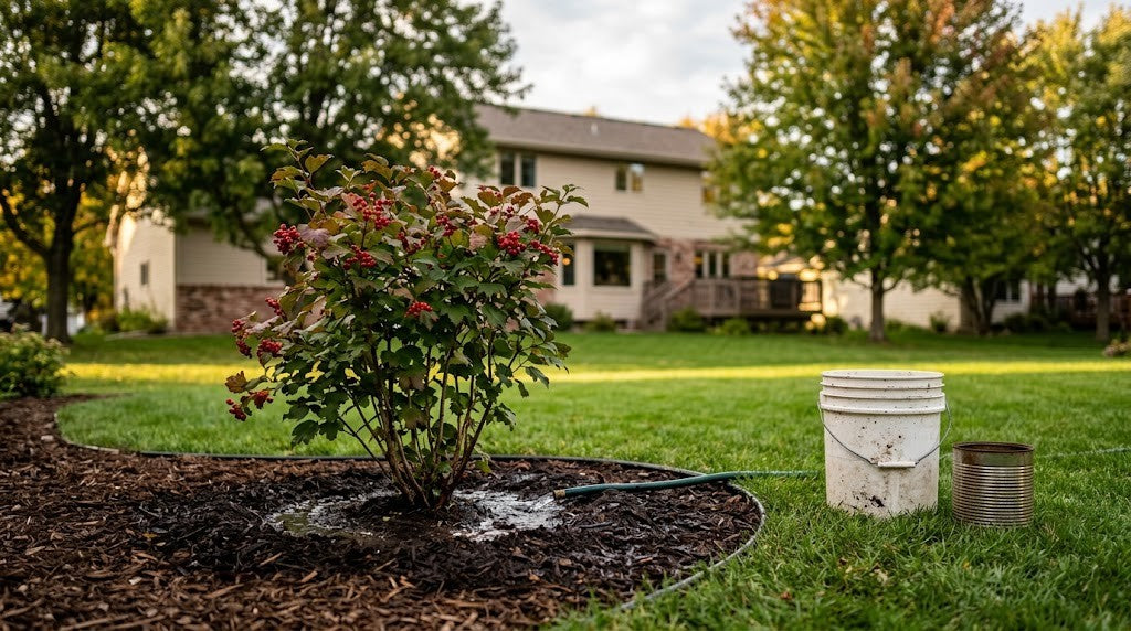 Garden hose running slowly into the mulch ring of a newly planted shrub in a Minnesota backyard, with a five-gallon bucket nearby