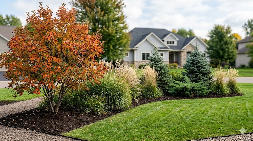 Minnesota residential front yard four-season landscape with evergreens, ornamental grasses, and a serviceberry tree framing the home