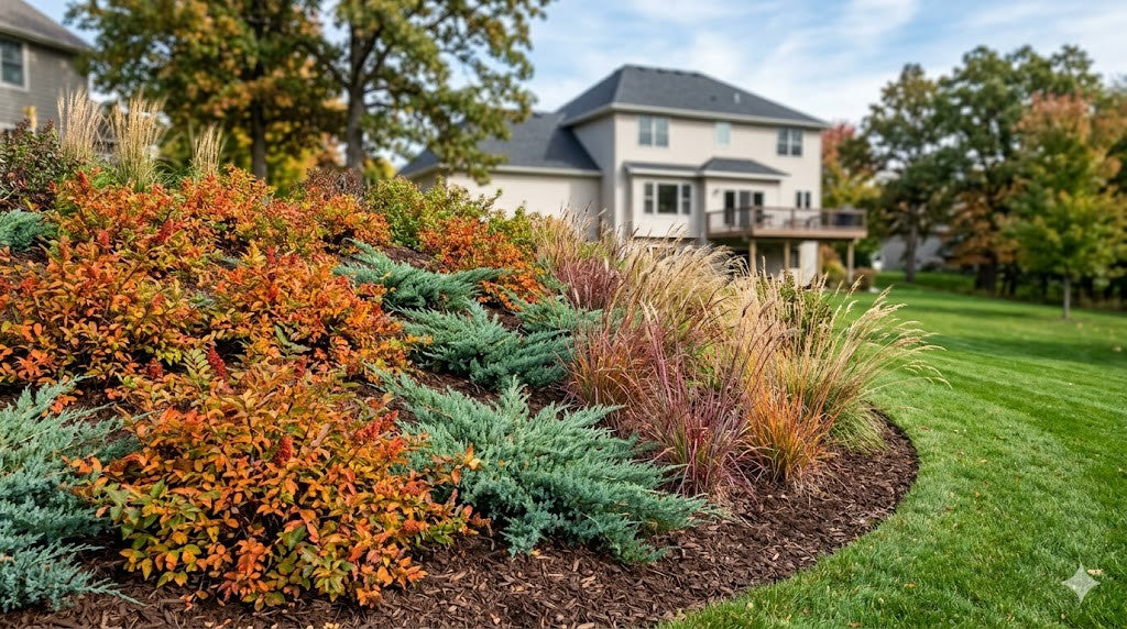 A planted Minnesota backyard slope held with mass-planted Gro-Low sumac, creeping juniper, and little bluestem grass controlling erosion