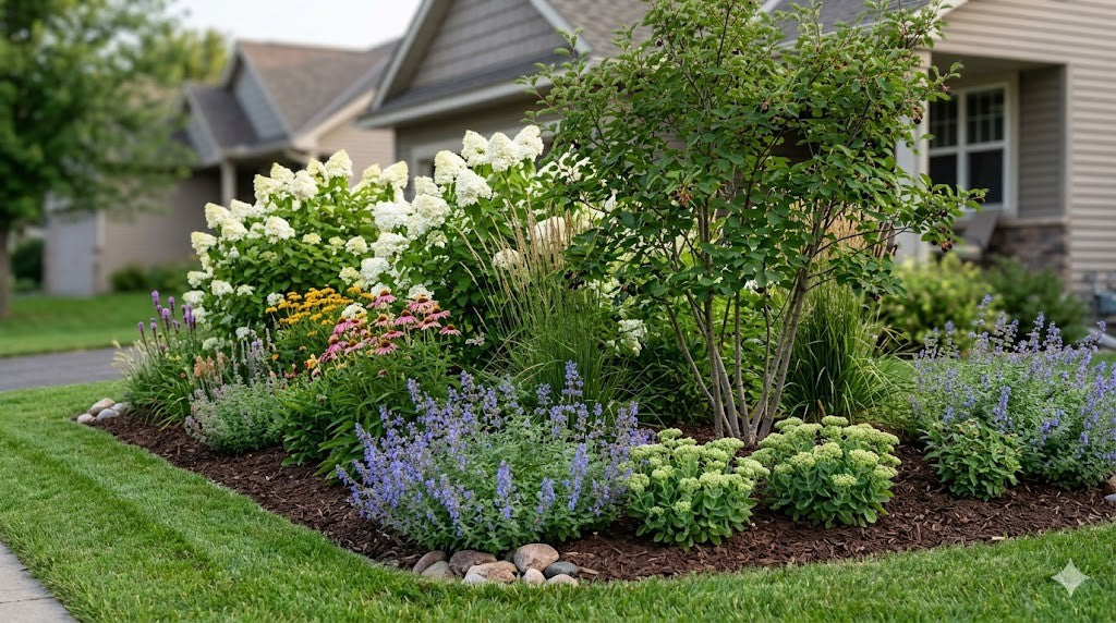 A deep Minnesota garden bed layered from a low catmint and sedum edge through mid-height coneflowers and grasses to tall panicle hydrangeas and a serviceberry anchor in back