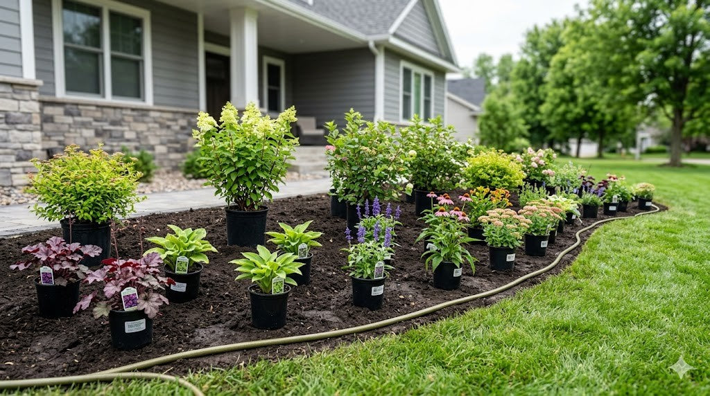 Potted shrubs and perennials laid out on cleared dark soil along a Twin Cities home foundation with a garden hose marking the new bed curve