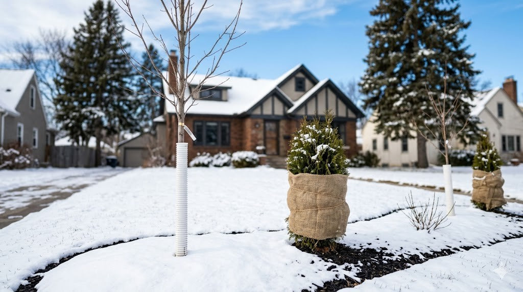 Snowy Minnesota suburban front yard with young trees in white trunk guards and a burlap-screened arborvitae