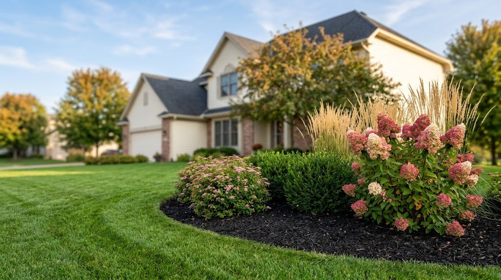 Finished Minnesota suburban front yard landscape with a layered foundation planting in fresh dark mulch and a crisp bed edge
