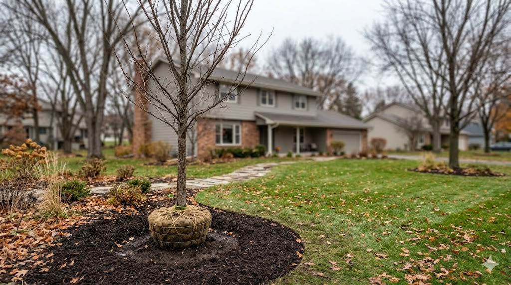 Newly planted balled-and-burlapped tree in a Twin Cities residential yard in late fall with bare deciduous trees and fallen leaves