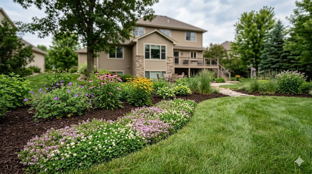 A Minnesota backyard with a soft fine-fescue no-mow lawn area and a border of creeping thyme and clover, replacing traditional turf