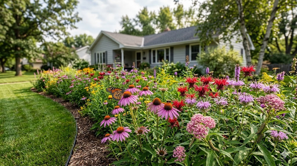 Suburban Minnesota yard with lawn converted to a native wildflower pollinator garden of coneflower, bee balm and milkweed