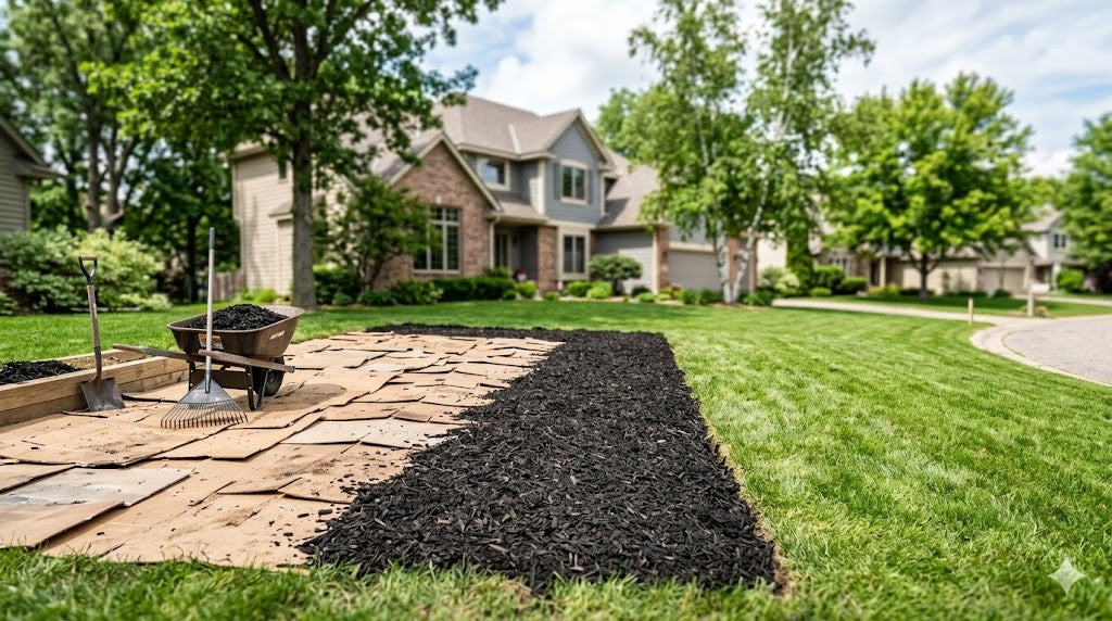 Minnesota suburban yard mid-conversion with cardboard sheet-mulching and fresh mulch prepared for native pollinator planting