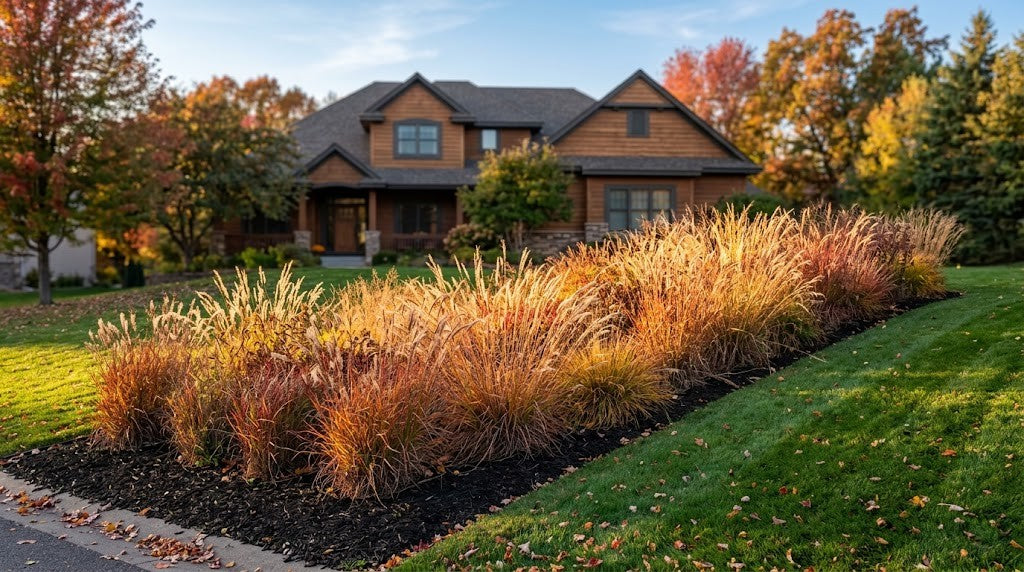 A Minnesota residential front slope massed with little bluestem in peak October fall color, copper and wine-red clumps backlit by low afternoon sun