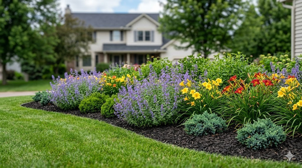 Minnesota residential front yard with mass-planted catmint and daylilies, dwarf evergreens, and a crisp mulched bed edge along a suburban home