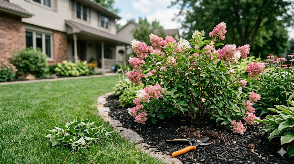 Minnesota summer garden bed with a flowering shrub being shaped and bypass pruners on the bed edge