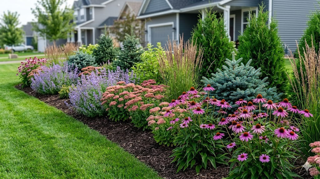 A Twin Cities mixed border combining dwarf globe blue spruce and Emerald Green arborvitae with coneflowers, feather reed grass, sedum, and catmint for year-round structure