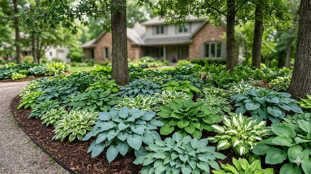 Lush Minnesota shade garden massed with blue, green, and variegated hostas under mature trees