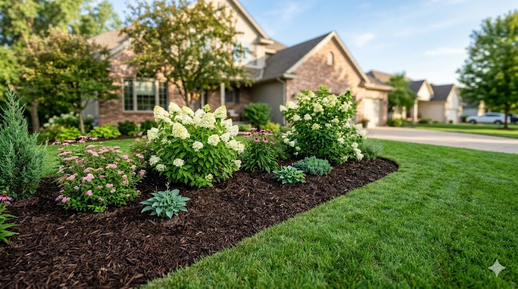 Twin Cities residential front-yard foundation bed freshly topped with brown shredded hardwood mulch around shrubs