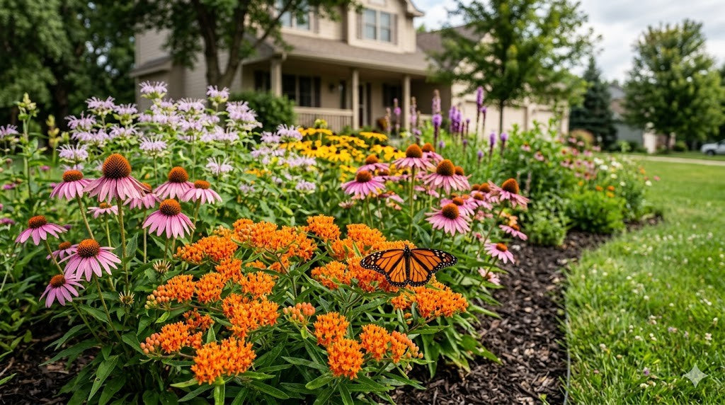 Monarch butterfly on orange butterfly milkweed with purple coneflowers in a native Minnesota pollinator garden