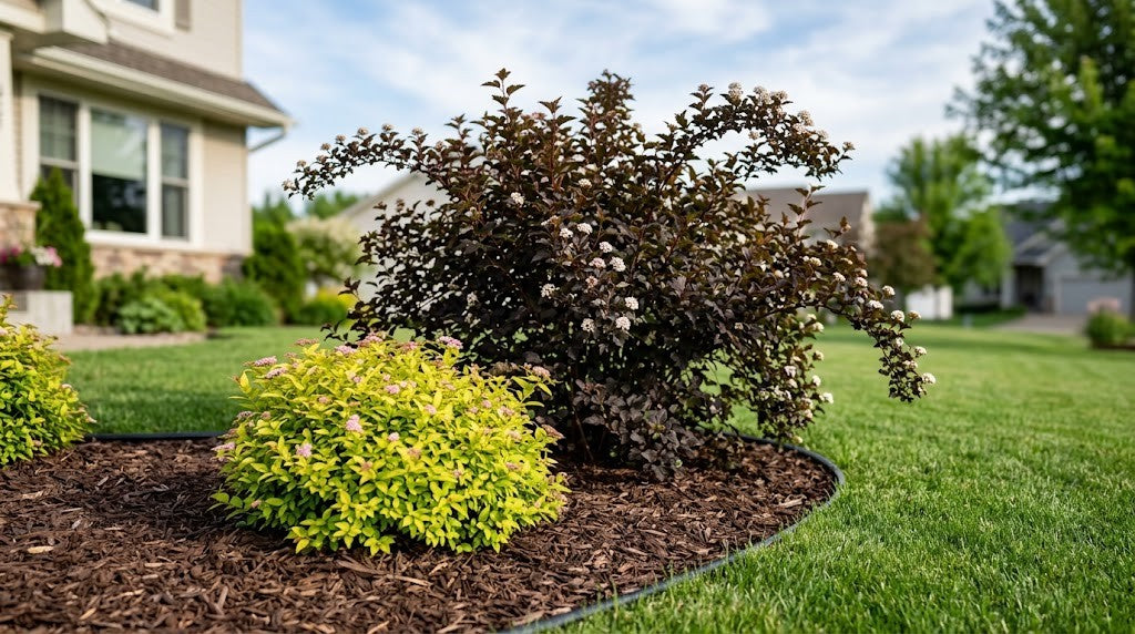 A large dark burgundy ninebark shrub with arching habit behind a low gold-leaved spirea in a mulched Minnesota landscape bed in late spring