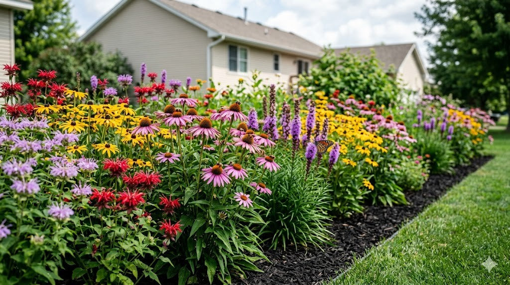 Sunny Minnesota native perennial pollinator border in bloom with coneflower, black-eyed Susan, bee balm and liatris