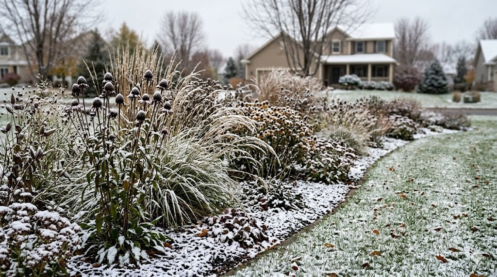 Minnesota fall perennial border with ornamental grasses and coneflower seed heads standing under a dusting of first snow