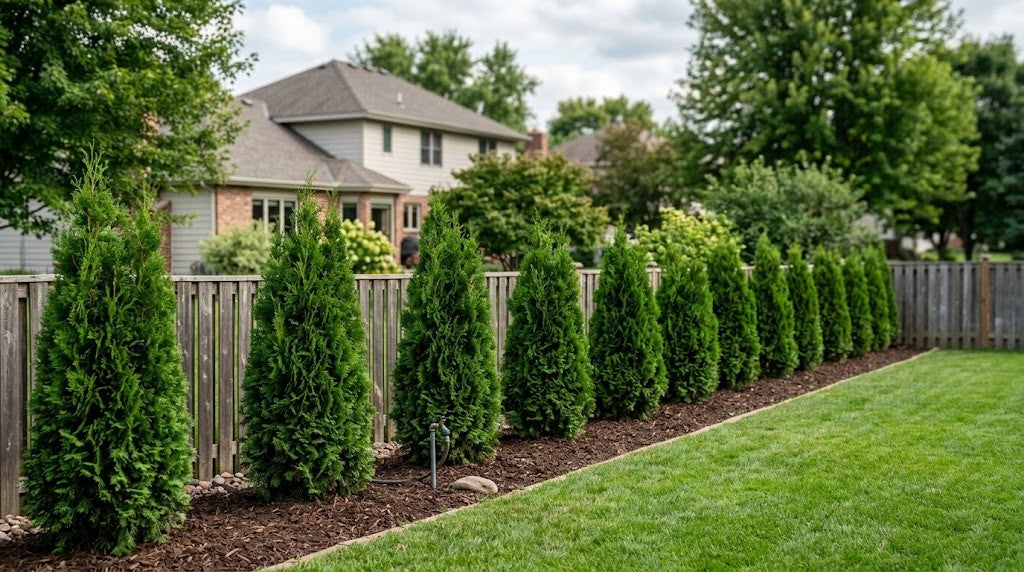 Young columnar arborvitae privacy hedge running along a residential property line in a Twin Cities backyard in late summer