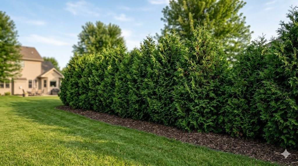 Dense dark-green Techny arborvitae privacy hedge screening a Minnesota suburban backyard in summer