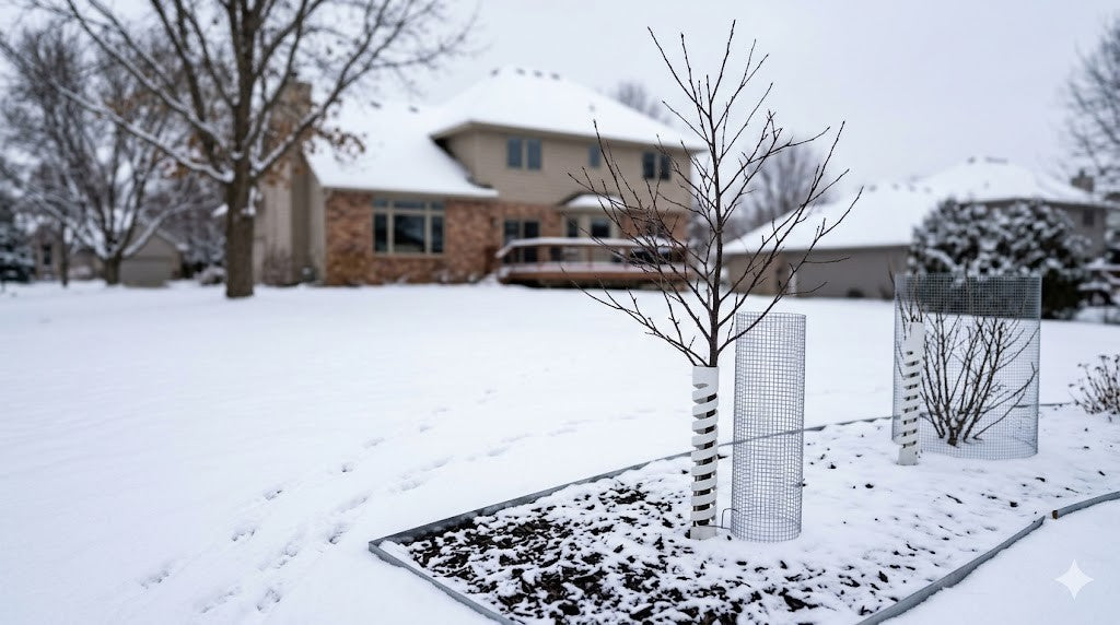 Snowy Minnesota suburban yard with young trees protected by white trunk guards and hardware-cloth cylinders, rabbit tracks in fresh snow