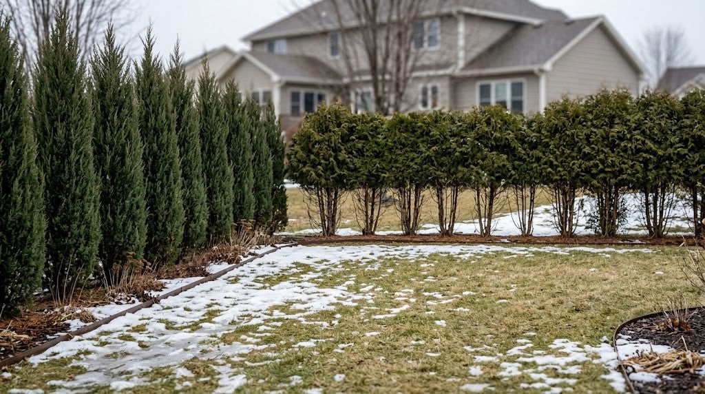 Minnesota back yard in late winter with a columnar juniper screen beside a run of arborvitae stripped bare along the bottom by rabbits