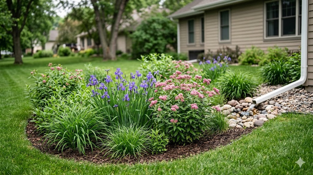 Minnesota residential rain garden basin planted with blue flag iris, swamp milkweed, and sedges near a downspout
