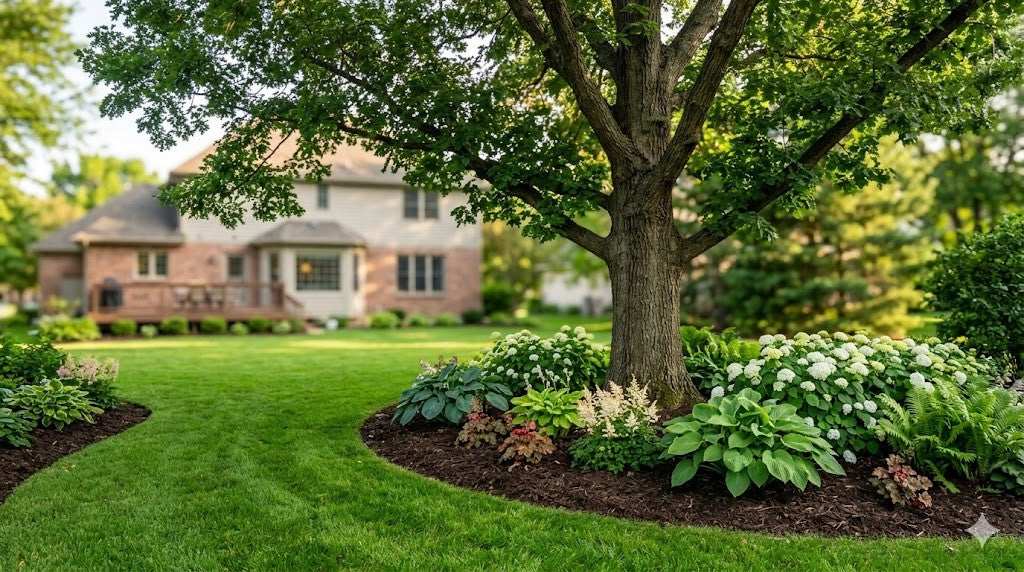 A large healthy shade tree set well back from a Twin Cities home, clear of power lines and walkways, casting afternoon shade over a green lawn