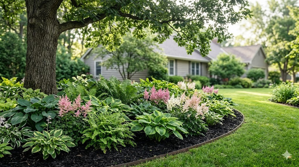 Shaded Minnesota garden bed beneath a large oak tree with massed hostas, ferns, and astilbe in dappled light