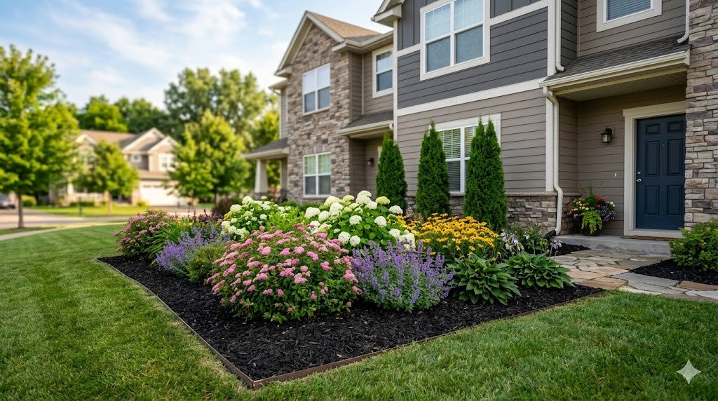 A tidy Twin Cities townhome with a small front bed of dwarf shrubs, perennials, and a columnar arborvitae against the wall