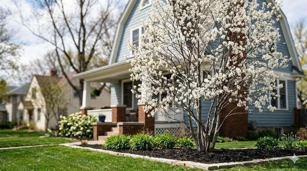 Multi-stem serviceberry tree in white spring bloom in a Minneapolis front yard