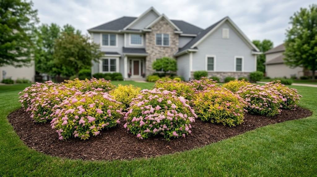 Minnesota suburban front foundation bed massed with pink-flowering and gold-leaved spirea in full June bloom