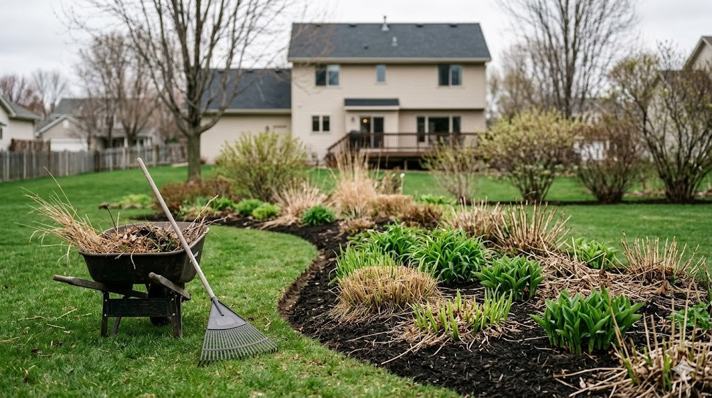 Early spring Minnesota suburban backyard with beds being cleared, cut ornamental grasses, and first green perennial shoots