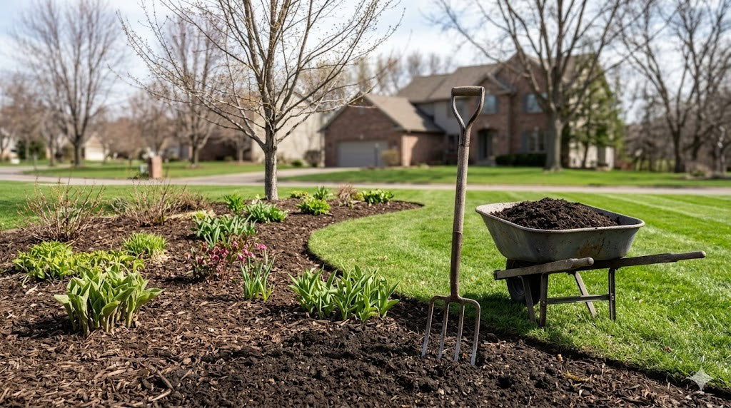 Early-spring Twin Cities residential landscape bed being prepped with dark amended soil, a garden fork, and a wheelbarrow of compost